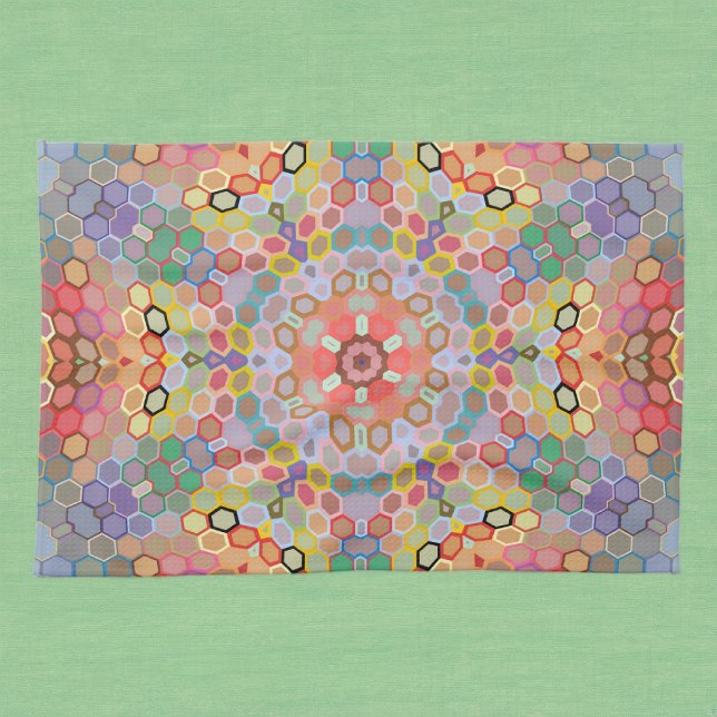 Paño De Cocina Mandalá Hexagonal Arcoíris (Rainbow Hexagon Mandala Kitchen Towel by Wormhole Orbital)