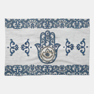 Paño De Cocina Mano de Hamsa - mano de la madera del azul de