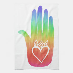 Paño De Cocina Manos curativas Hamsa Corazón Palm Arcoiris