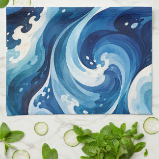 Paño De Cocina Manta costera de acuarela de olas de océano azul a