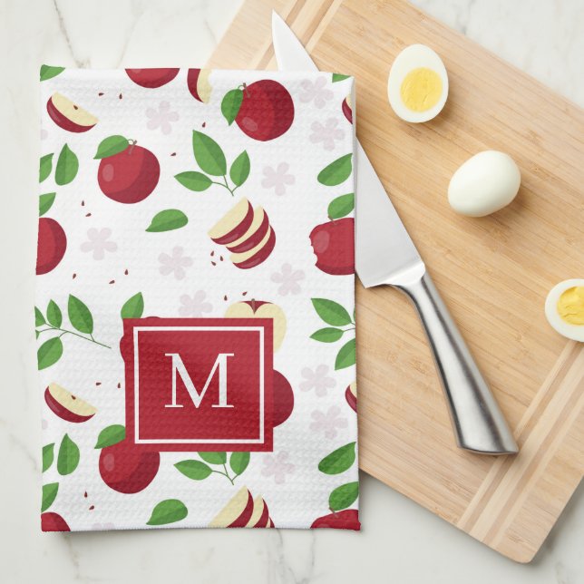 Paño De Cocina Manzanas rojas, vegetación florística monogramada  (Doblado Cuarto)