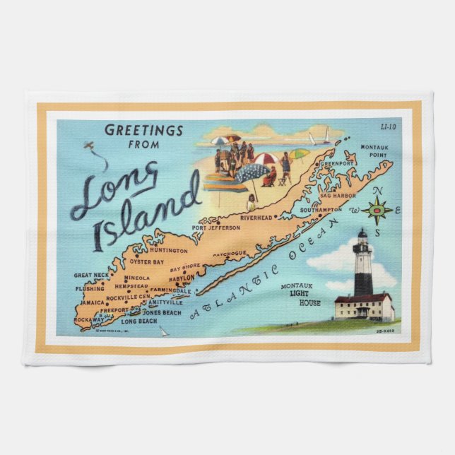 Paño De Cocina Mapa Antiguo de Long Island con Borde (Horizontal)