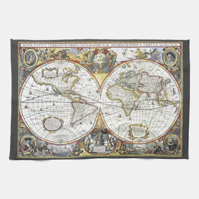 Paño De Cocina Mapa antiguo del mundo por Hendrik Hondius, 1630 (Horizontal)
