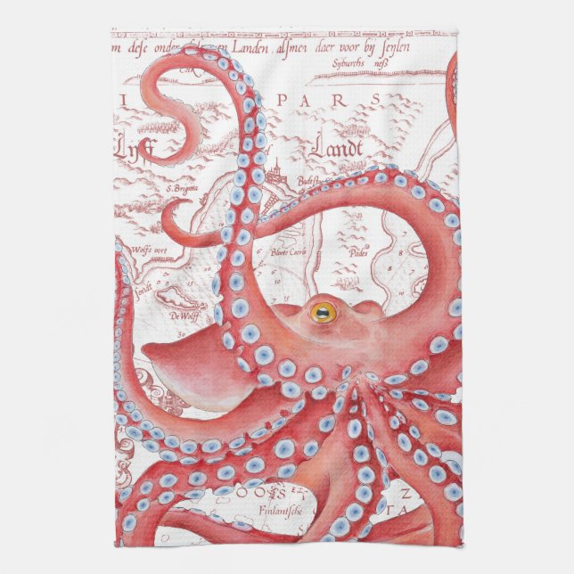 Paño De Cocina Mapa de cosecha de pulpo rojo blanco (Vertical)