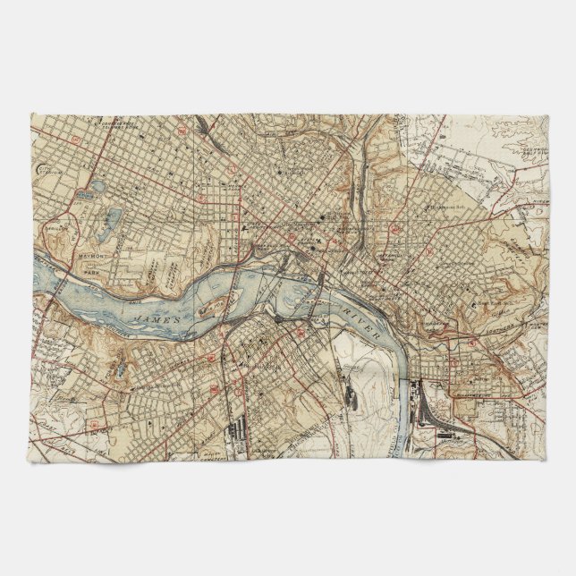 Paño De Cocina Mapa de época de Richmond Virginia (1934) (Horizontal)