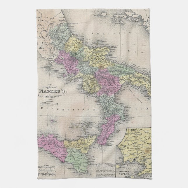 Paño De Cocina Mapa de época del sur de Italia (1853) (Vertical)