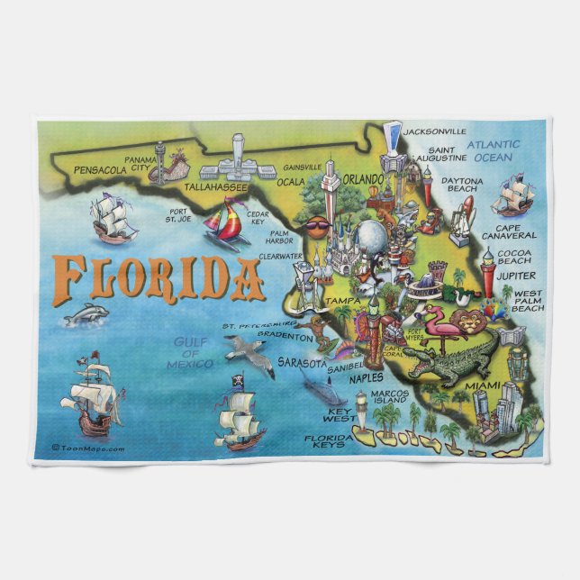 Paño De Cocina Mapa del dibujo animado de la Florida (Horizontal)