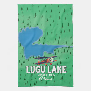 Paño De Cocina Mapa del lago Lugu, meseta de Yunnan, China