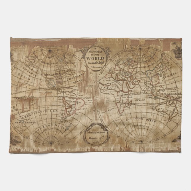 Paño De Cocina Mapa del mundo de las antiguas viejas con bordado  (Horizontal)