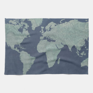 Paño De Cocina Mapa del mundo de las líneas azules