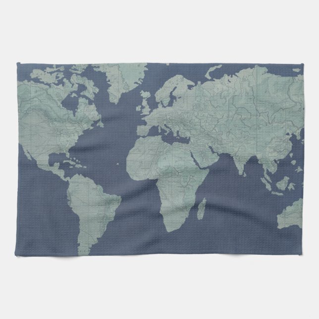Paño De Cocina Mapa del mundo de las líneas azules (Horizontal)