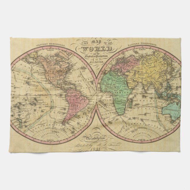 Paño De Cocina Mapa del mundo en la proyección globular (Horizontal)