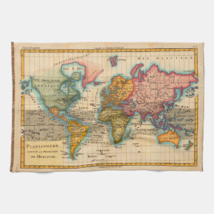Paño De Cocina Mapa Mundial 1780 Planisferio Antiguo de Bonne