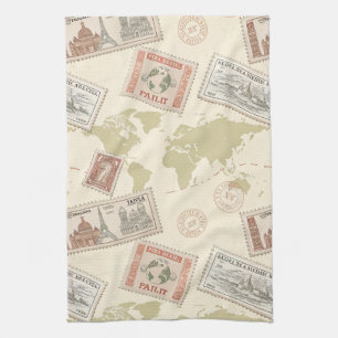 Paño De Cocina Mapa Mundial de Sellos Postales Vintage de Viaje (
