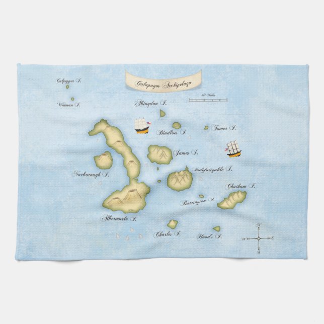 Paño De Cocina Mapa Náutico Del Archipiélago Galápagos Con Buques (Horizontal)