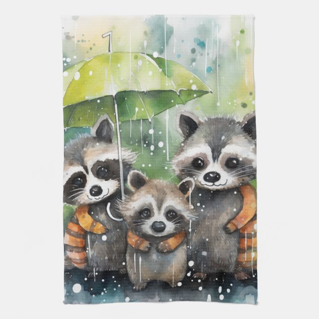 Paño De Cocina Mapaches Lindos en la Lluvia (Vertical)