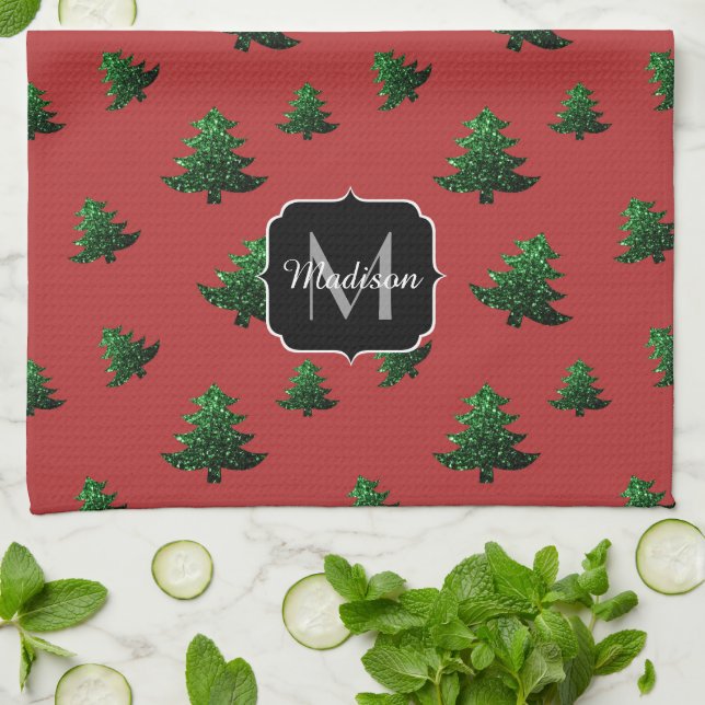 Paño De Cocina Maravilloso árbol de Navidad verde chispas Monogra (Doblado)