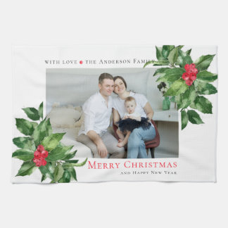 Paño De Cocina Marco de bayas de acebo Navidad Foto Personalizada