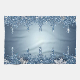 Paño De Cocina Marco de copo de nieve azul con carámbanos