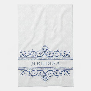 Paño De Cocina Marco de Natación Floral Azul Vintage de la Marina