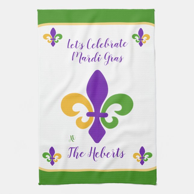 Paño De Cocina Mardi Gras NAME Green Gold Purple Fleur de Lis (Vertical)
