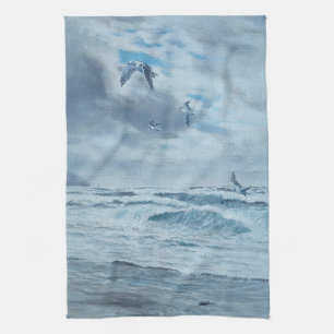 Paño De Cocina Marea costera del Pacífico, playa, gaviotas, olas