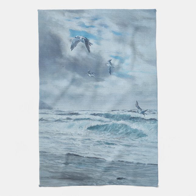 Paño De Cocina Marea costera del Pacífico, playa, gaviotas, olas (Vertical)