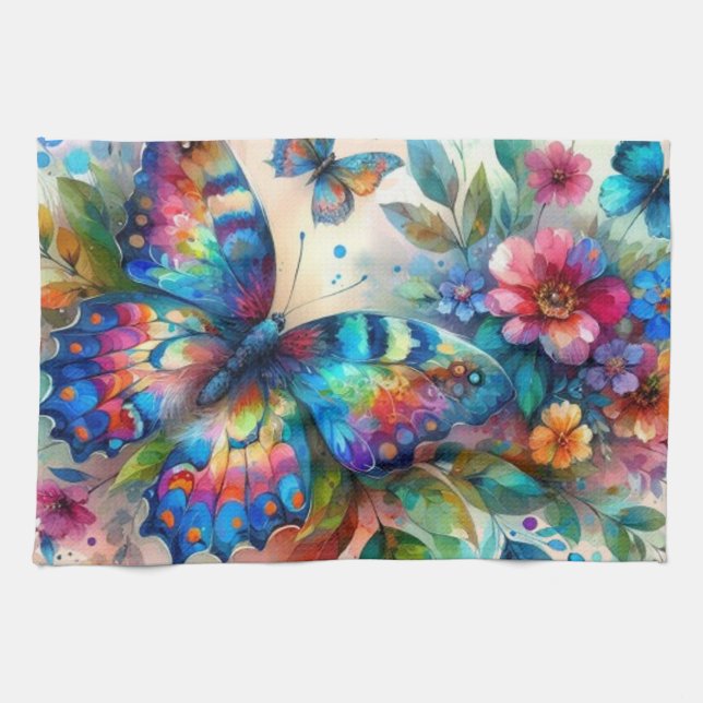 Paño De Cocina Mariposa acuarela Flores Florales Rosa Azul (Horizontal)