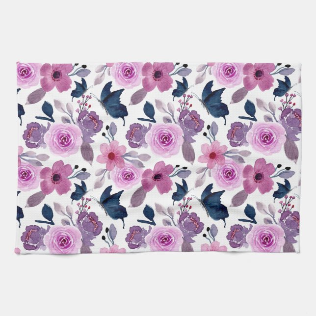 Paño De Cocina Mariposa acuarela y flores rosadas (Horizontal)