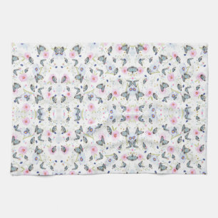 Paño De Cocina Mariposa azul y flores rosadas al acuarela vintage