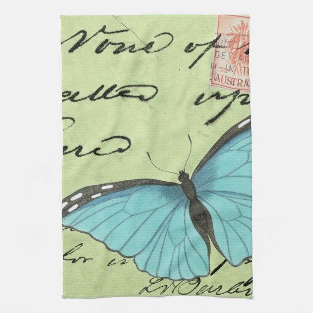 Paño De Cocina Mariposa de ala azul en postal Verde azulada (Vertical)