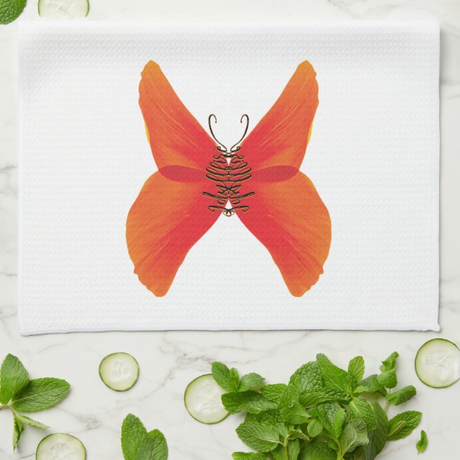 Paño De Cocina Mariposa de amapola roja naranja con su nombre (Doblado)