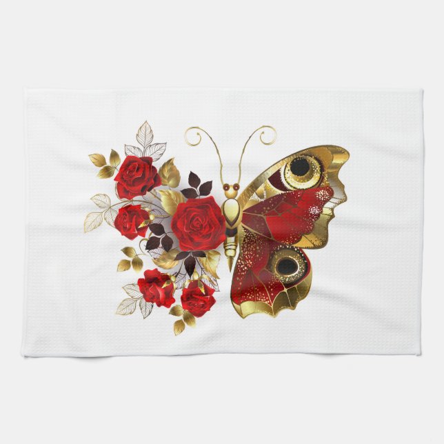 Paño De Cocina Mariposa de flor roja con rosas rojas (Horizontal)