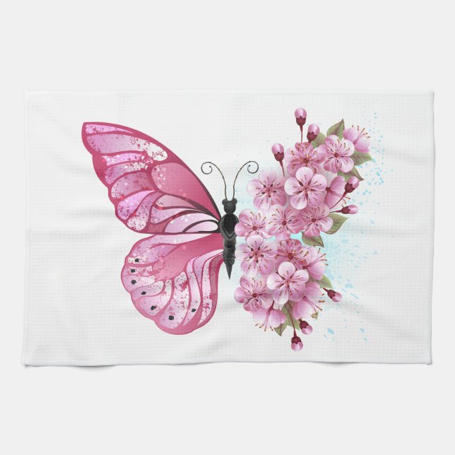 Paño De Cocina Mariposa de flores con Sakura rosa (Horizontal)