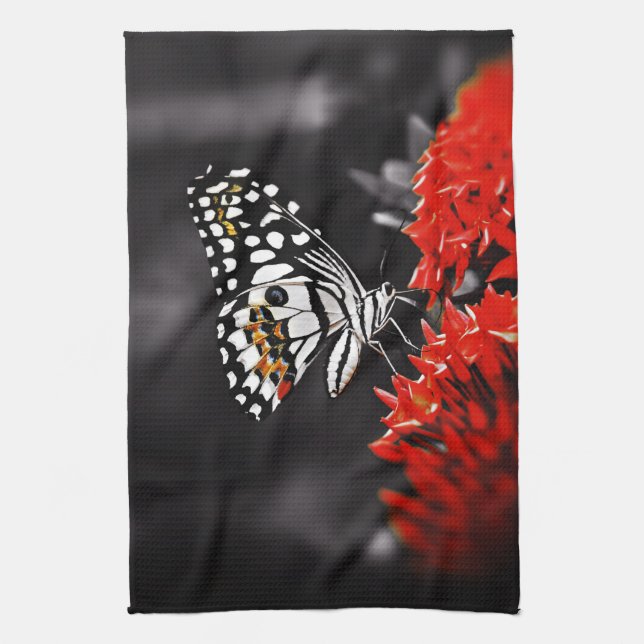 Paño De Cocina Mariposa en las flores rojas (Vertical)