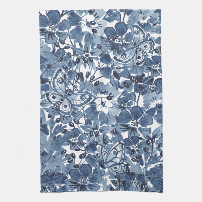 Paño De Cocina Mariposa floral azul y blanca elegante (Vertical)