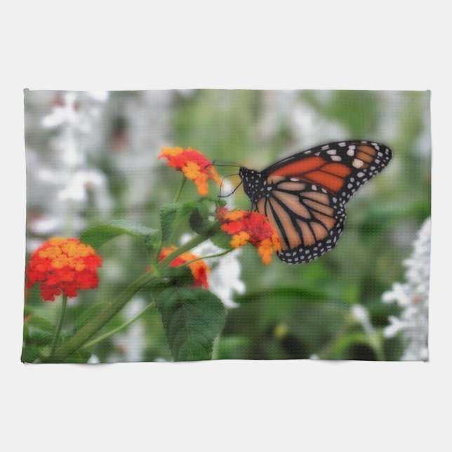 Paño De Cocina Mariposa monarca en Naranja y Lantana Roja (Horizontal)
