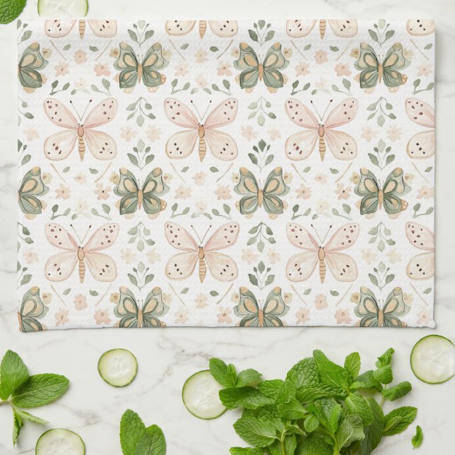 Paño De Cocina Mariposa Rosa Rubor Verde Menta (Doblado)