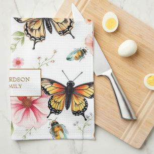 Paño De Cocina Mariposas acuarela flores silvestres monograma nom