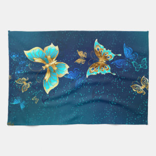 Paño De Cocina Mariposas doradas sobre fondo azul