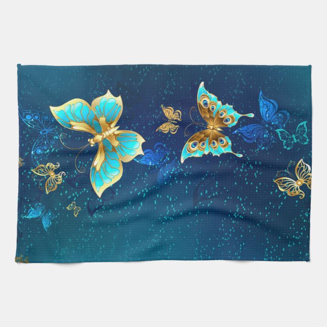 Paño De Cocina Mariposas doradas sobre fondo azul (Horizontal)