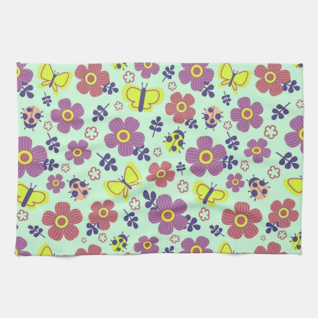 Paño De Cocina Mariposas, Mariquitas, Flores y Hojas (Horizontal)