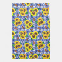 Mariposas monarca girasol Patrón de Gingham azul