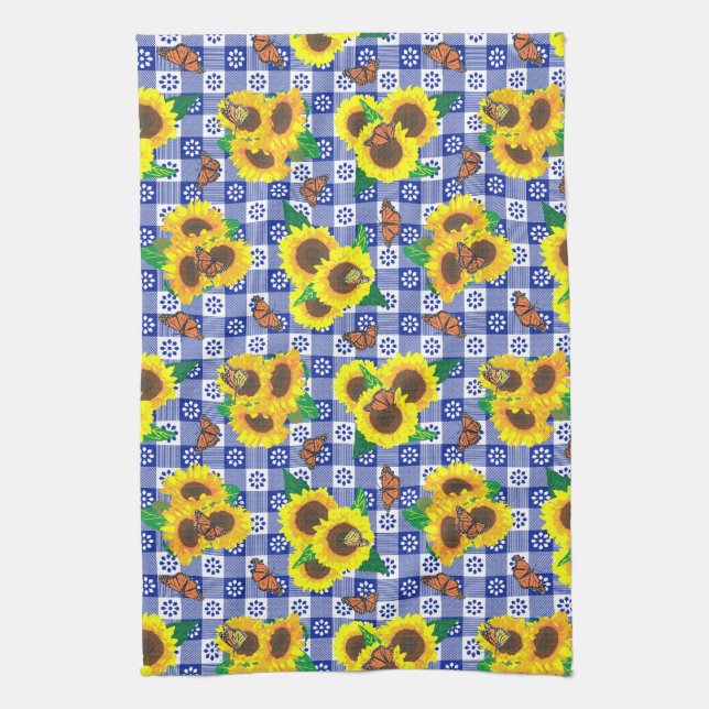 Paño De Cocina Mariposas monarca girasol Patrón de Gingham azul (Vertical)
