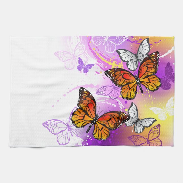 Paño De Cocina Mariposas monarcas en fondo morado (Horizontal)