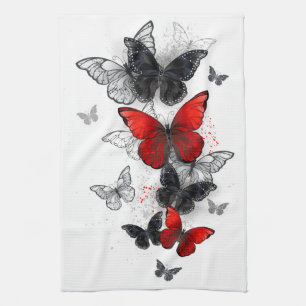 Paño De Cocina Mariposas Morpho voladoras negras y rojas