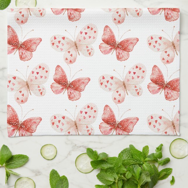 Paño De Cocina Mariposas Rosadas Rojas con Rubor   (Doblado)