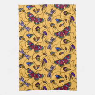 Paño De Cocina Mariposas y libélulas de joyas en amarillo