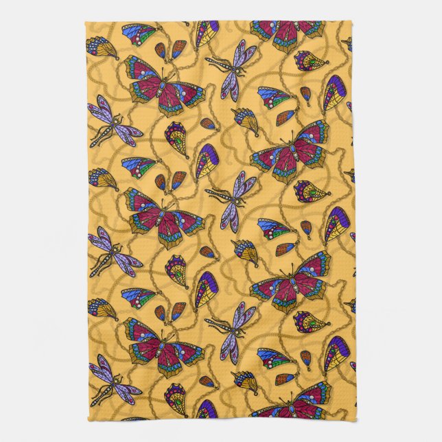 Paño De Cocina Mariposas y libélulas de joyas en amarillo (Vertical)