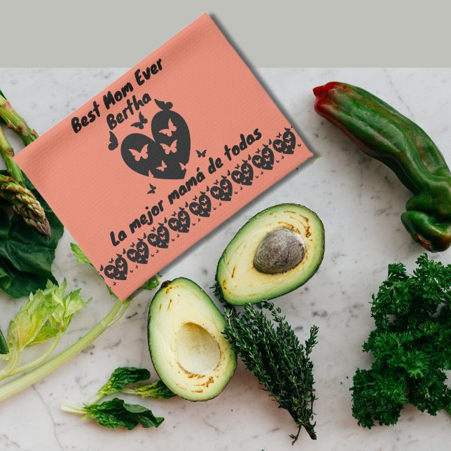 Paño De Cocina Mariposas y nombre personalizado del corazón, salm (Bilingual mother's day best mom ever la mejor mamá de todas custom name towel multilingual project)